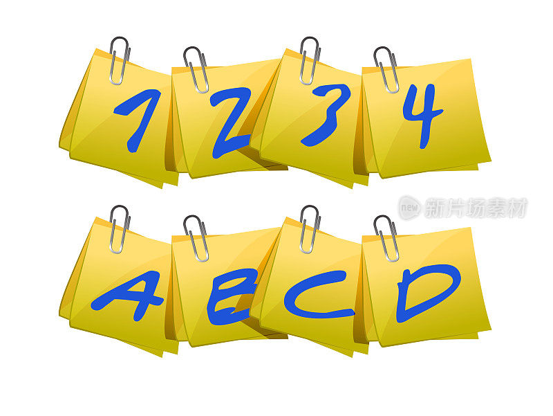 A, b, c, d，一，二，三在便利贴上，插图设计在白色之上